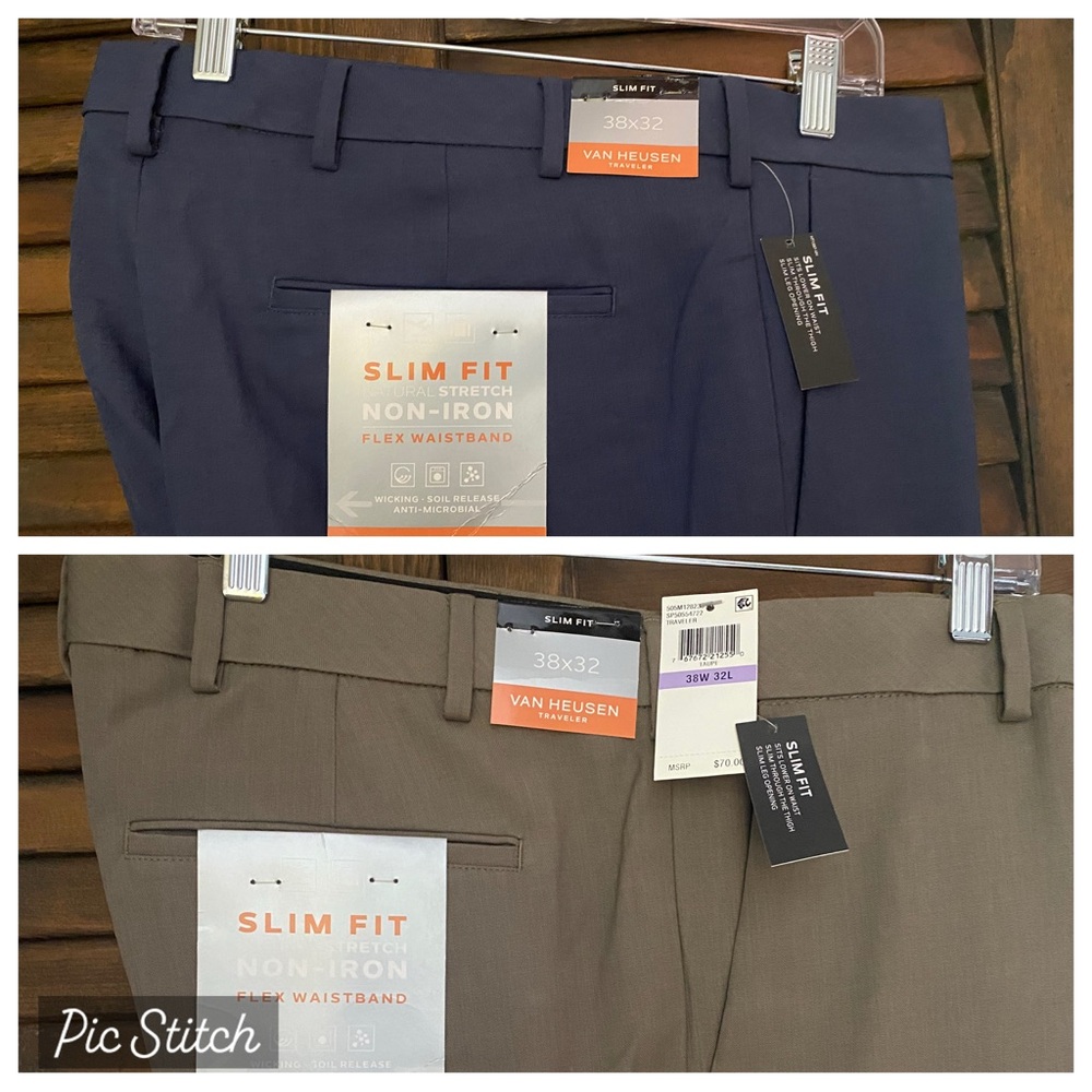 Two pairs of Van Heusen one tan & one blue Traveler Pants Slim Non-Iron 38x32